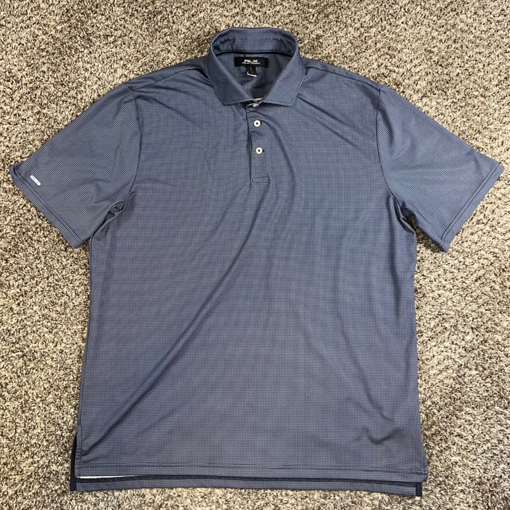 RLX Ralph Lauren Mens L Navy Blue Geometric Print Golf Polo Shirt Short Sleeve